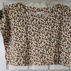 NWOT - re:blu - Cropped White Short Sleeve Blouse - Brown Flowers - Large
